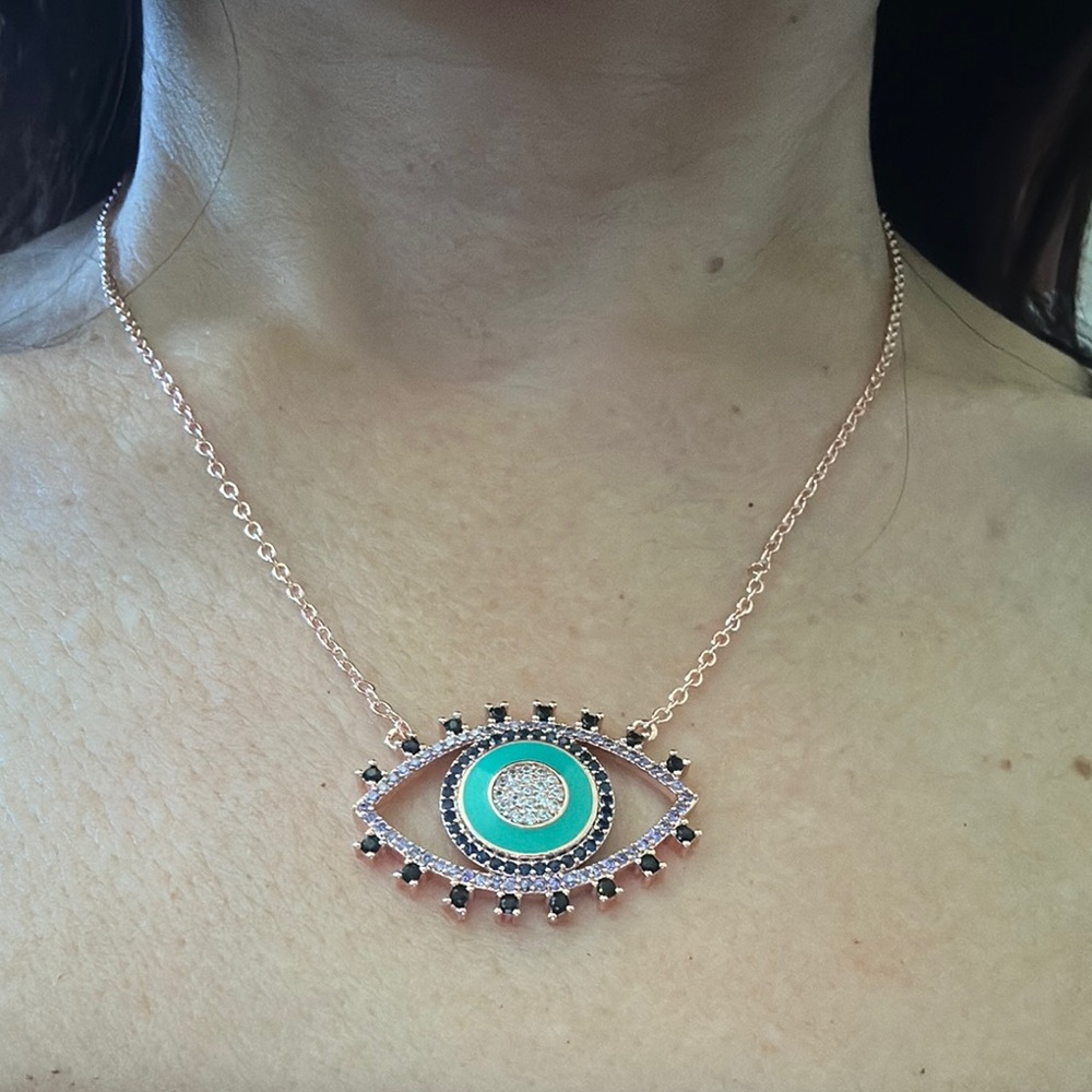 Elegant LARGE Evil Eye Necklace in Gold and Turquoise
